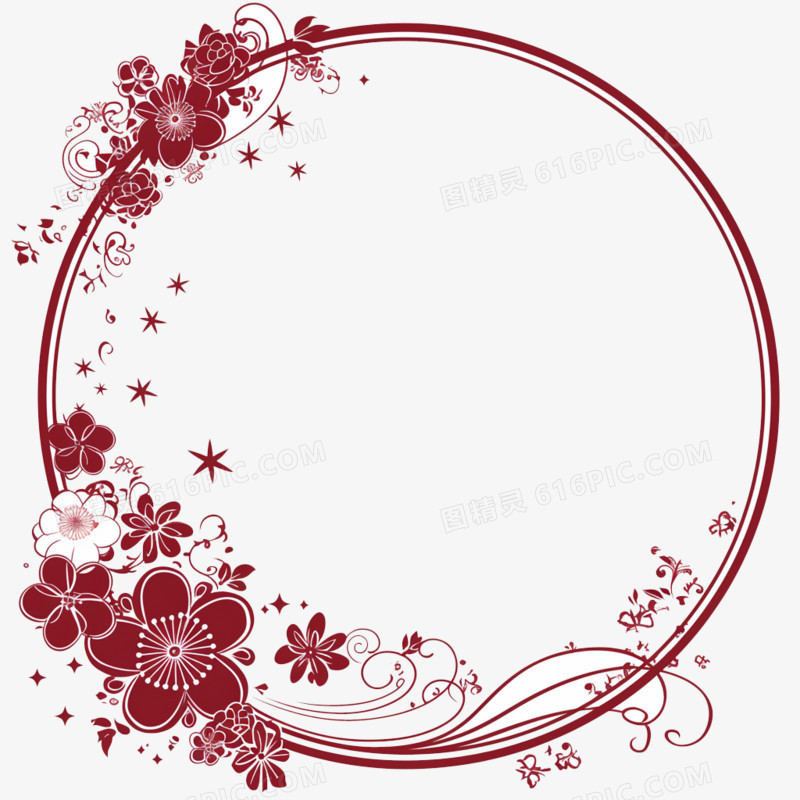 卡通风中国风红色花朵圆形边框免抠元素