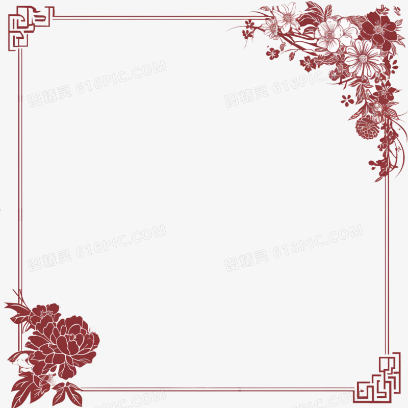 卡通风中国风红色菊花矩形边框免抠元素