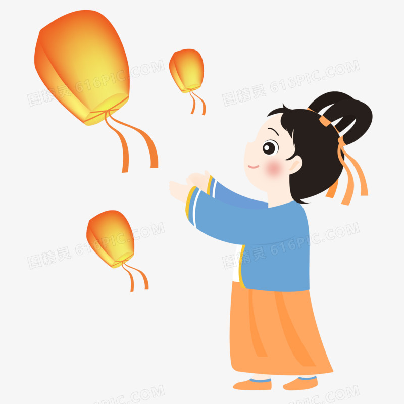 卡通手绘放孔明灯祈福的女孩元素