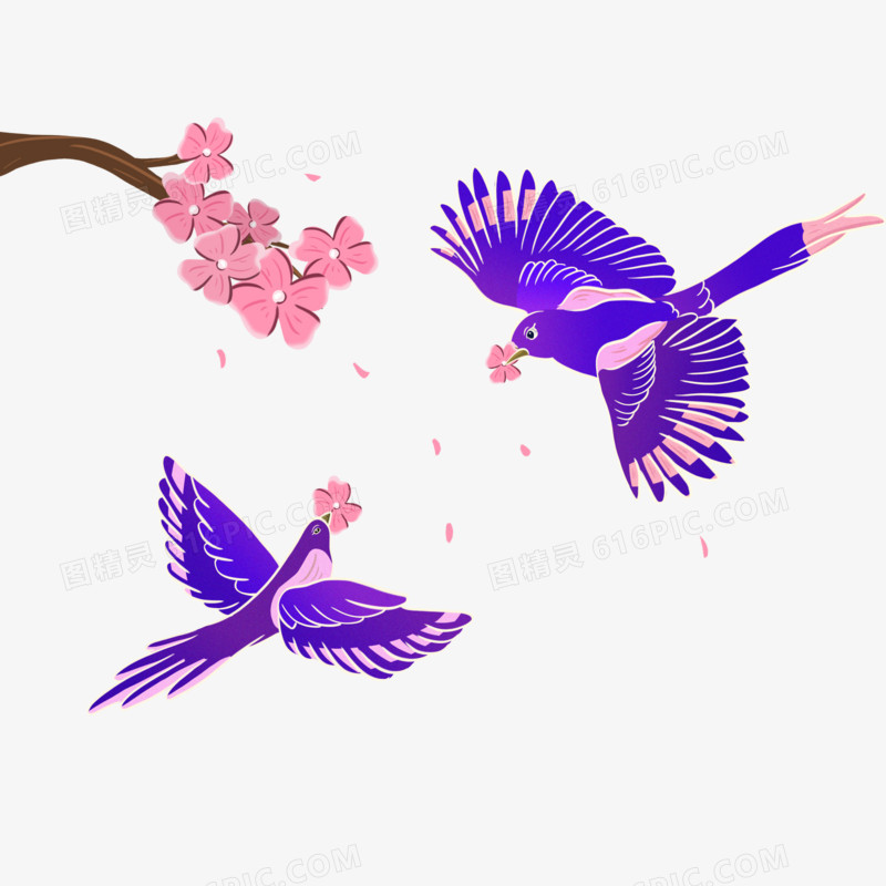 手绘喜鹊嬉戏元素绘画