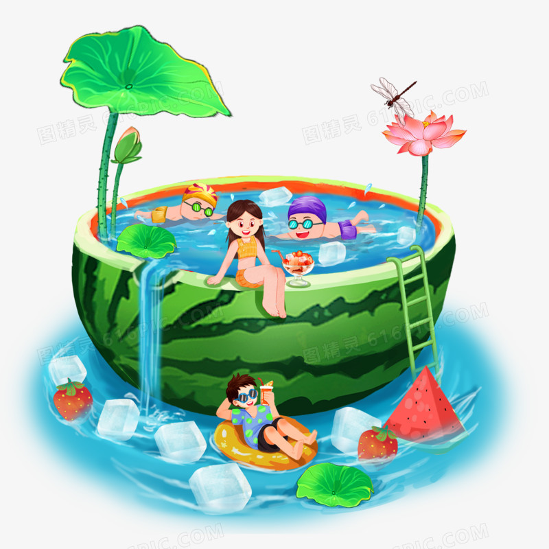手绘小孩在西瓜泳池玩耍免抠素材