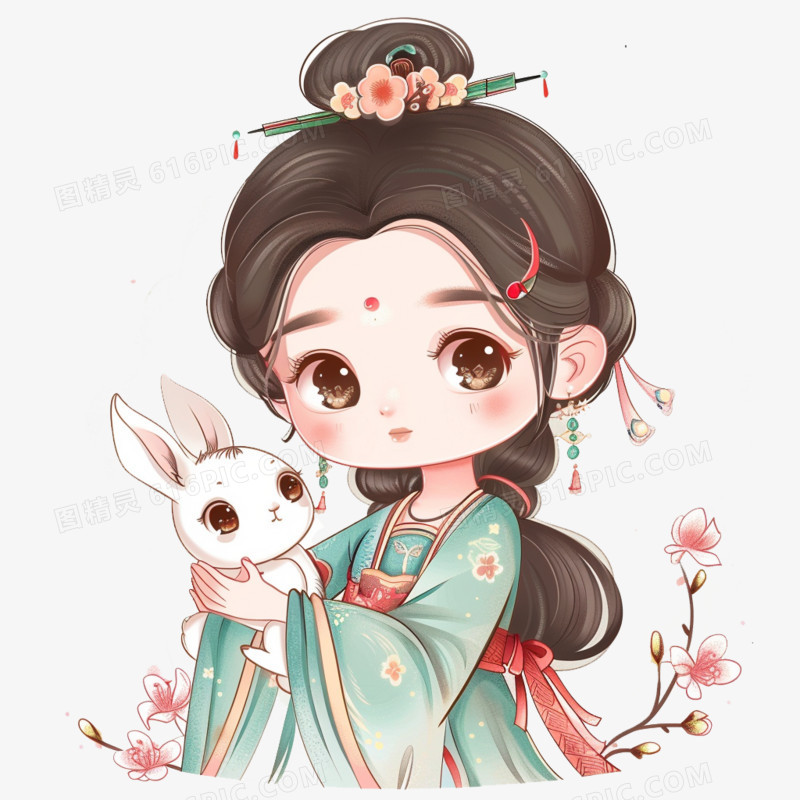古风卡通嫦娥抱着兔子的元素