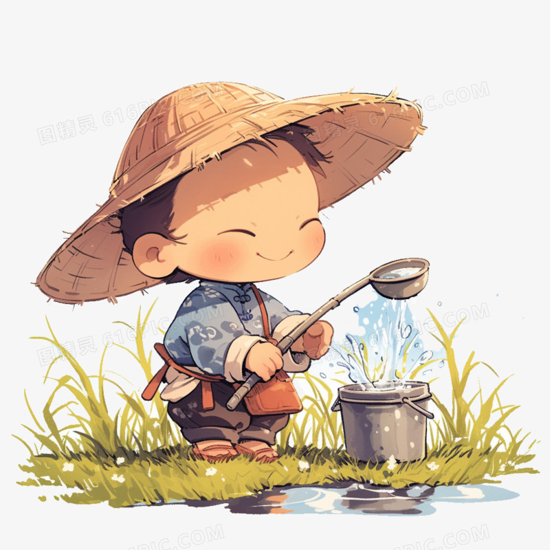卡通风农民在农田浇水免抠元素