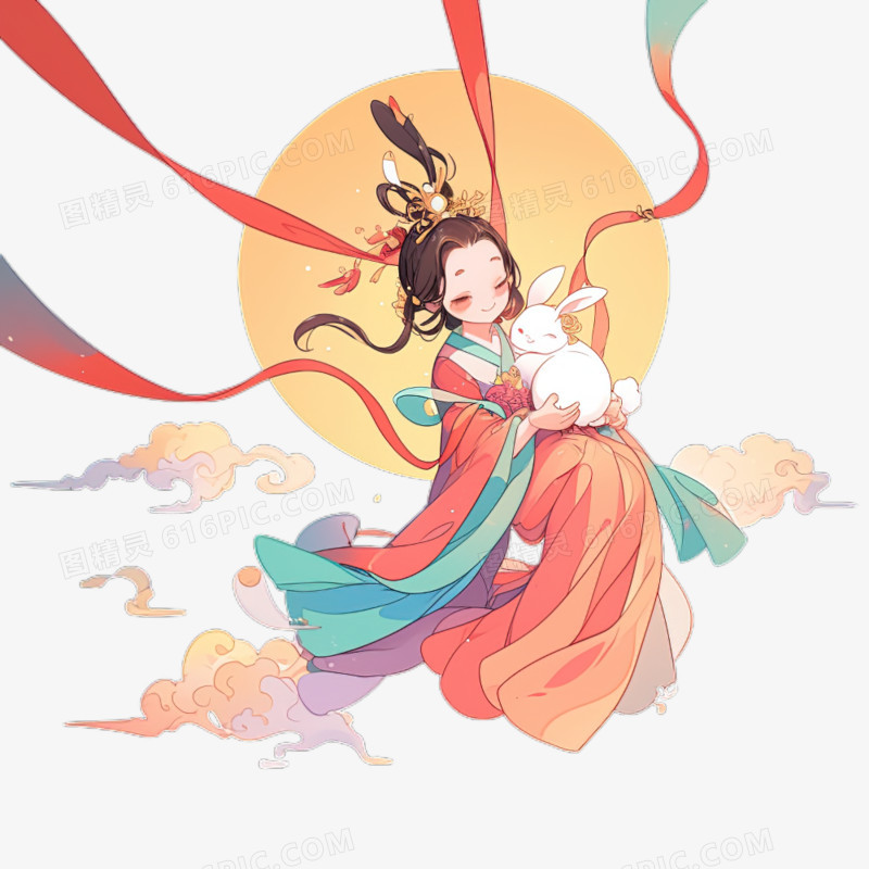 手绘中国风嫦娥奔月玉兔神话故事人物免抠元素