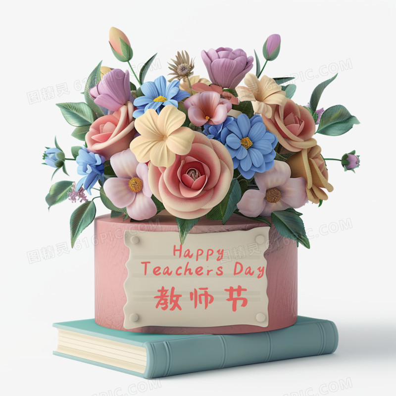 3D鲜花和书本教师节场景免抠元素