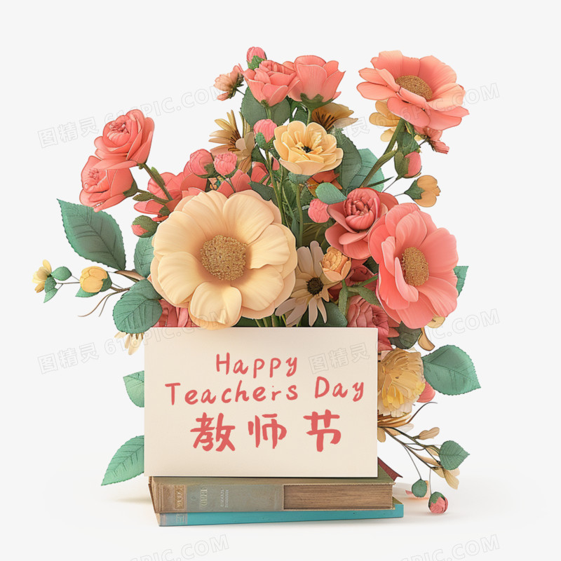 3D鲜花和书本教师节场景免抠元素