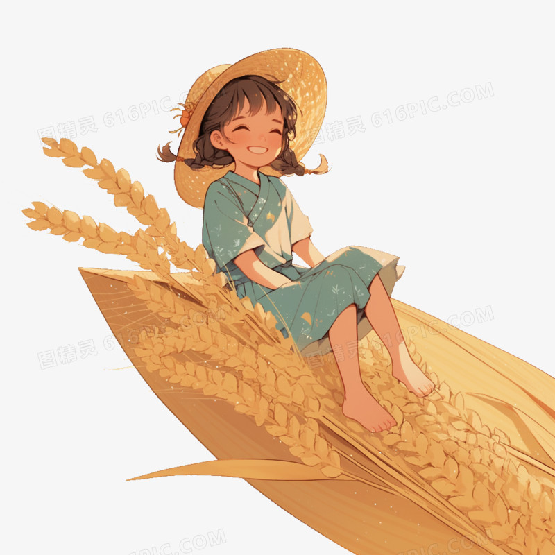 卡通风秋季带草帽的小女孩坐在麦穗上免抠元素