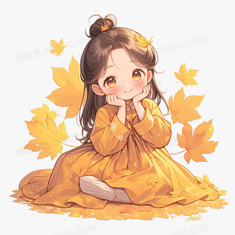 卡通风秋季小女孩坐在黄色枫叶中免抠元素