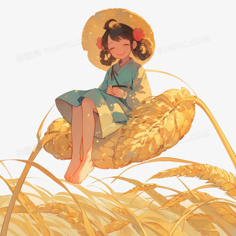 卡通风秋季带草帽的小女孩坐在麦穗上免抠元素