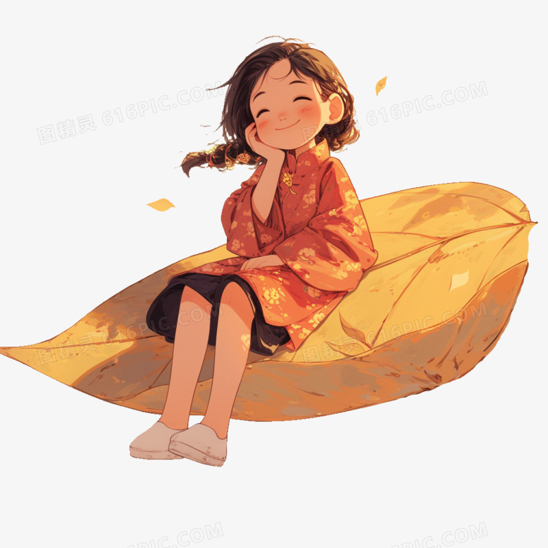 卡通风秋季小女孩坐在黄色树叶上免抠元素