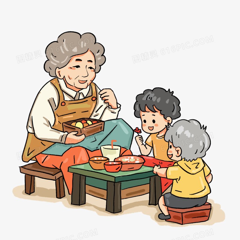 手绘老奶奶给孙子们讲故事免抠元素
