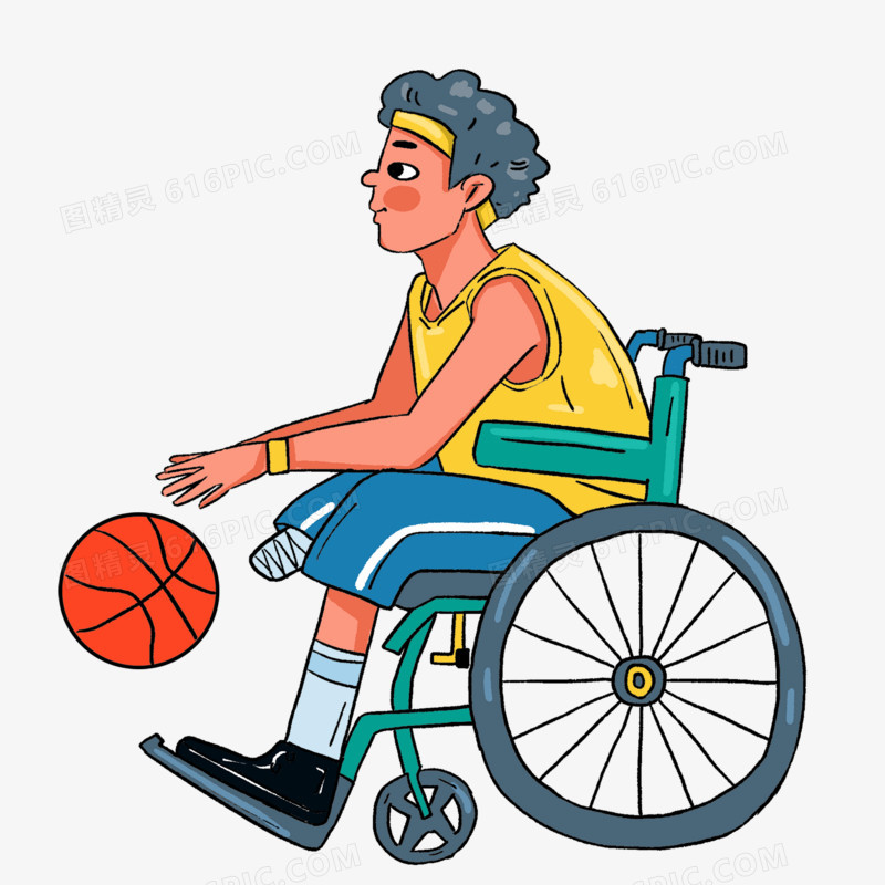 手绘残疾人运动员打篮球免抠元素