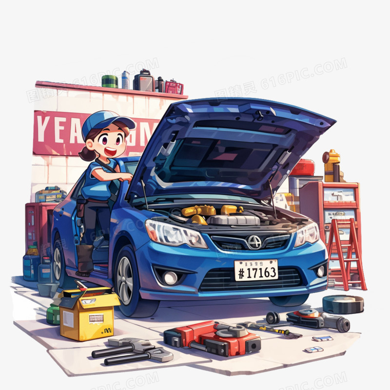 卡通风汽车修理工维修汽车免抠元素