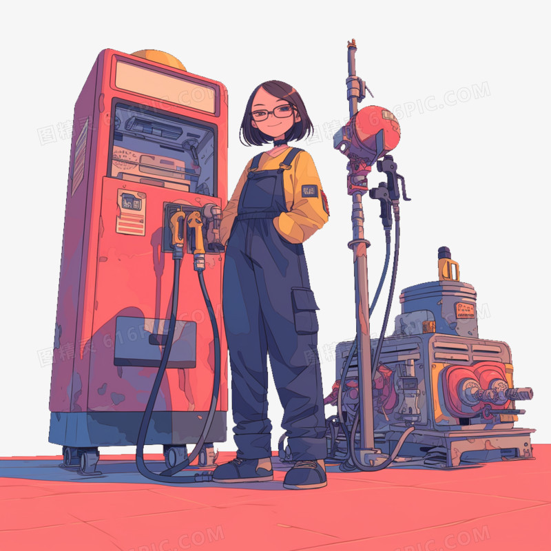 卡通风加油站员工和加油机器免抠元素