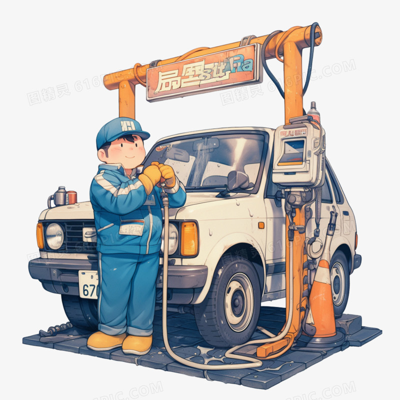 卡通风加油站员工给汽车加油免抠元素