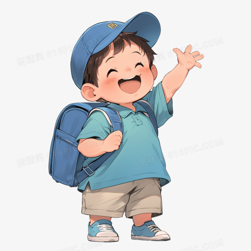 卡通风开学季带蓝色帽子背书包的小男孩免抠元素