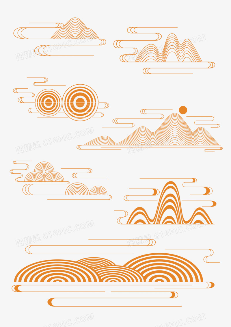 一组手绘国潮新中式祥云套图合集元素
