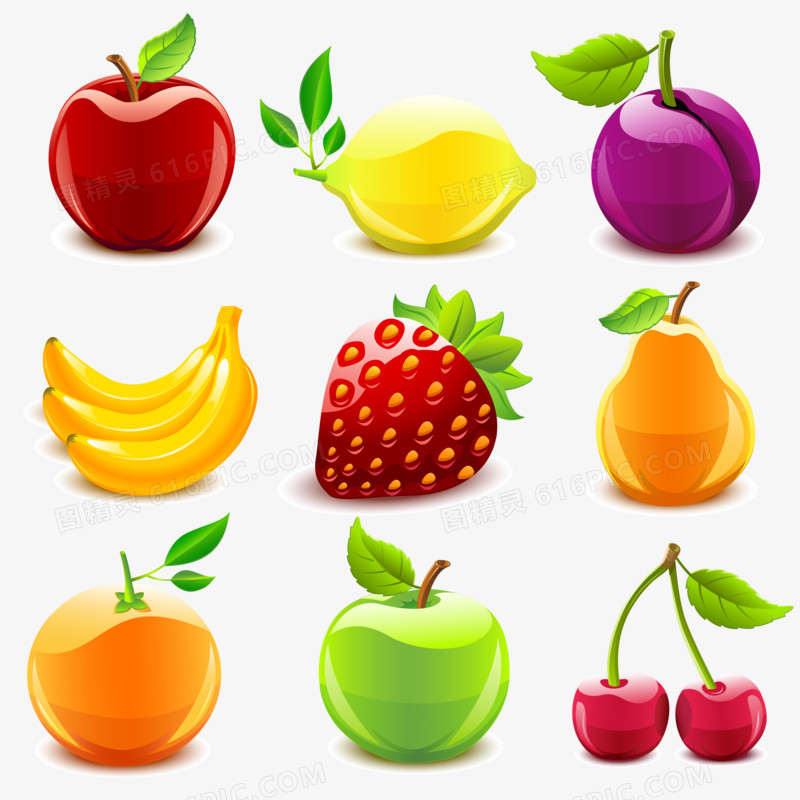 苹果,香蕉,草莓,梨,西瓜水果矢量图