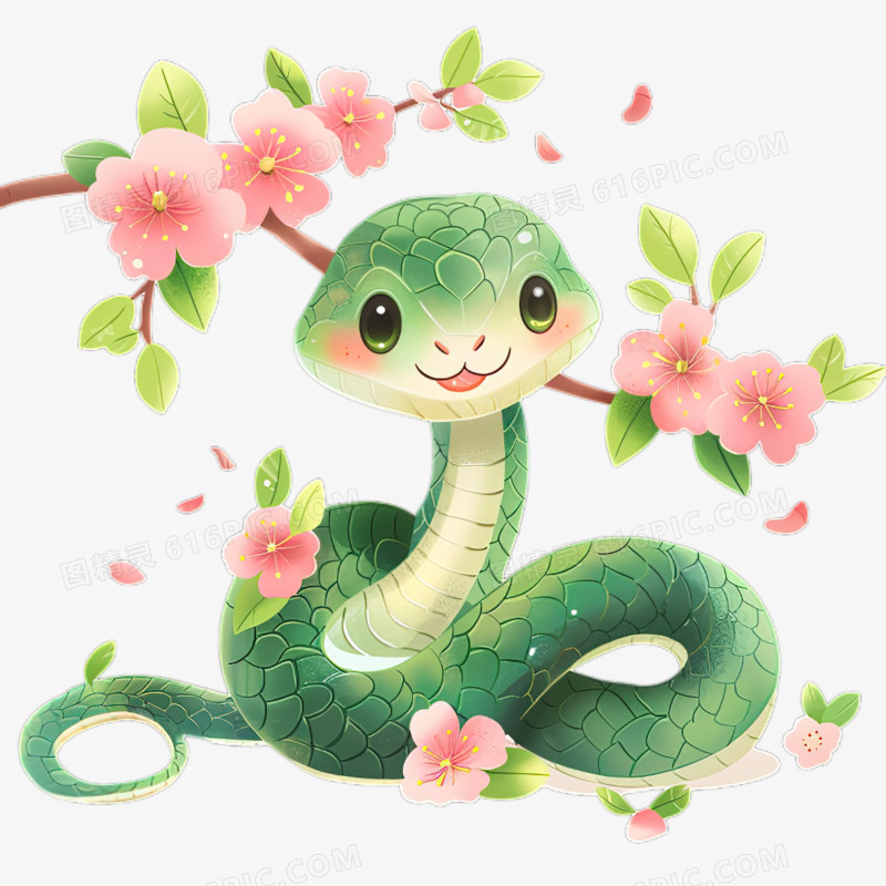 卡通手绘蛇形象和桃花免抠元素