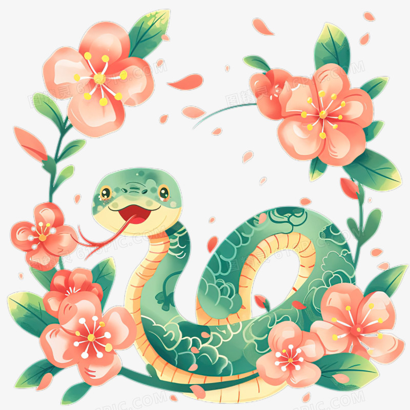卡通手绘蛇形象和鲜花免抠元素