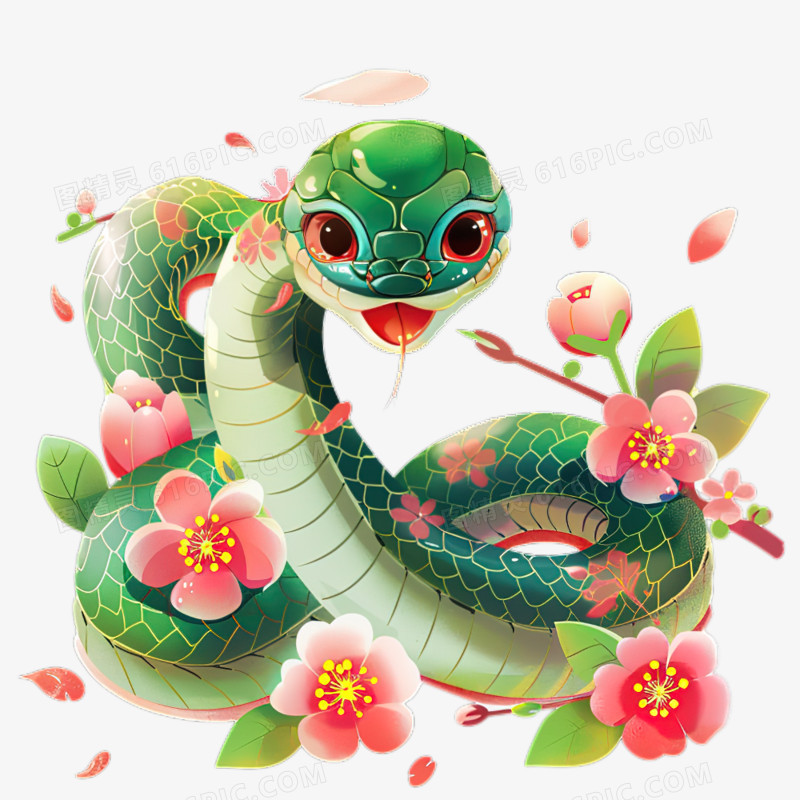 卡通手绘蛇形象和桃花免抠元素