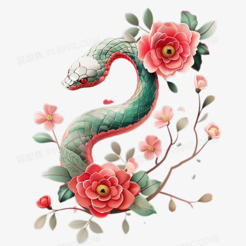 卡通手绘蛇形象和鲜花免抠元素