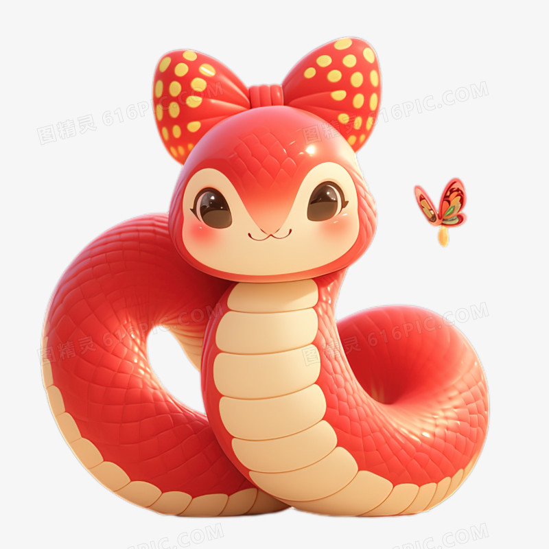 戴着蝴蝶结的可爱3D蛇免抠元素