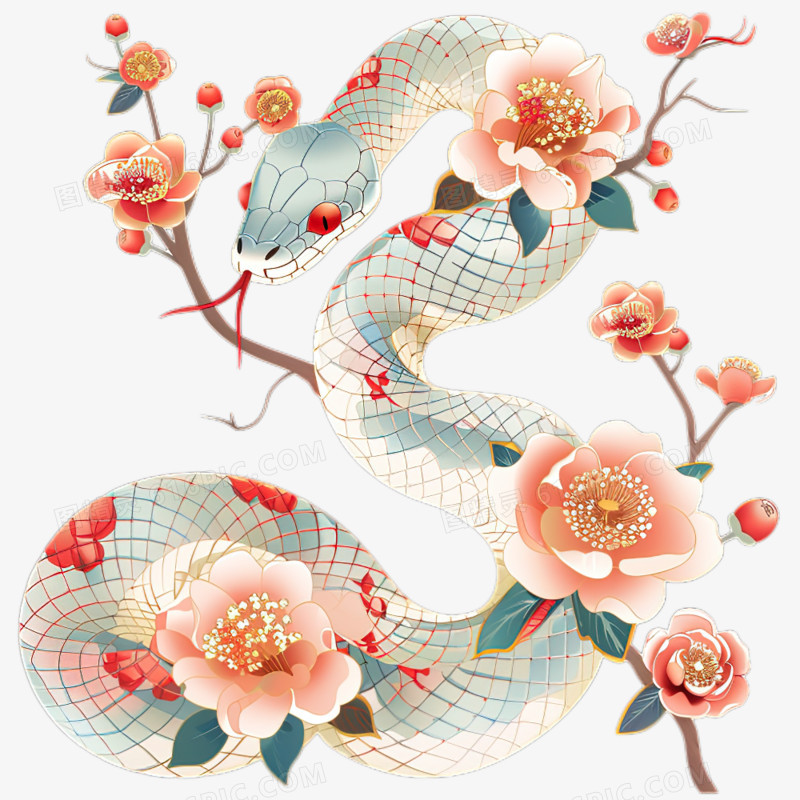 卡通手绘蛇形象和鲜花免抠元素