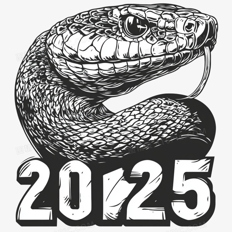 素描风新年2025数字和蛇免抠元素