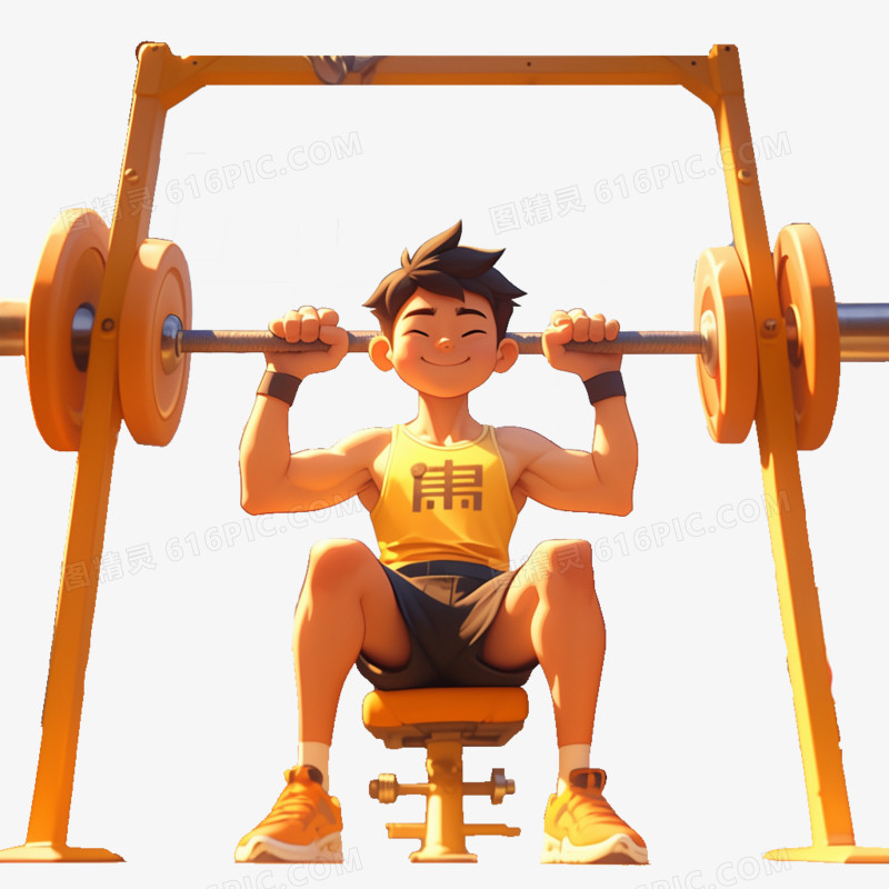 3D素材运动一个男孩在健身房举杠铃免抠元素