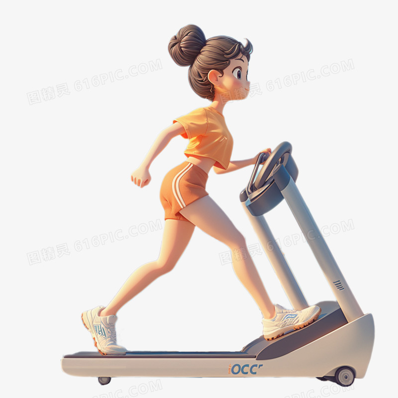 3D素材运动一个女孩在跑步机上锻炼免抠元素