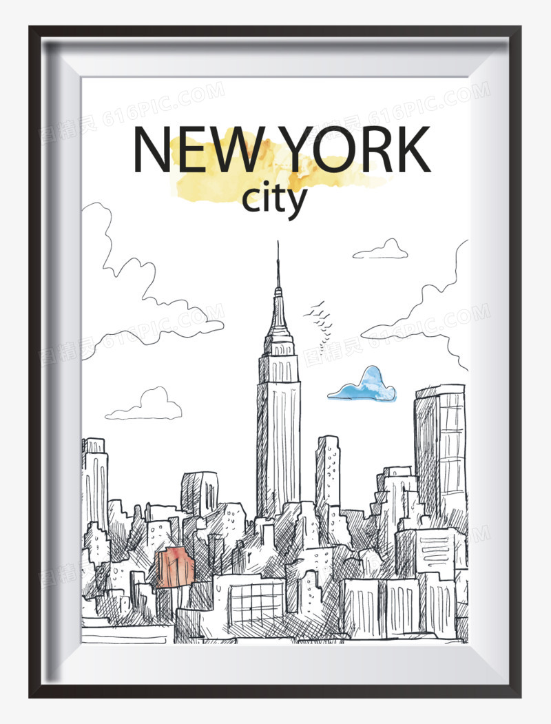 关键词:创意手绘纽约城市建筑群城市地标美国天空外国云帝国大厦图