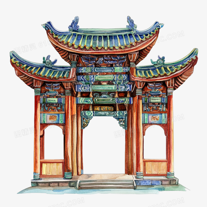 插画中国国风建筑免抠元素