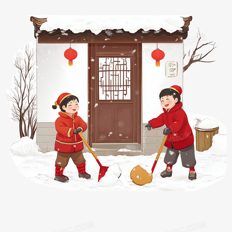 插画新年习俗两个小孩在门前扫雪免抠元素