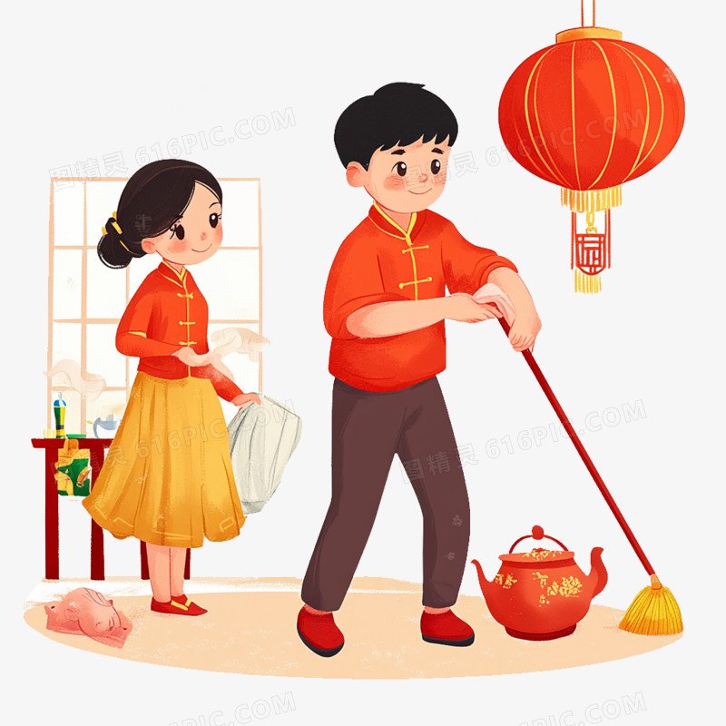 插画新年习俗夫妻在打扫卫生免抠元素