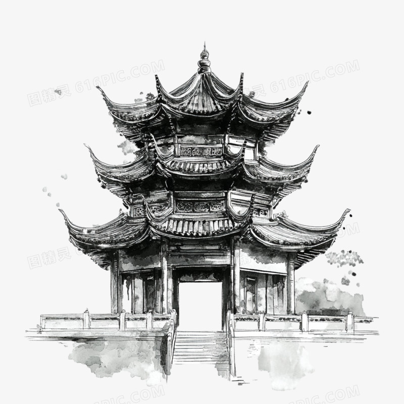 中国风建筑寺庙水墨风免抠元素