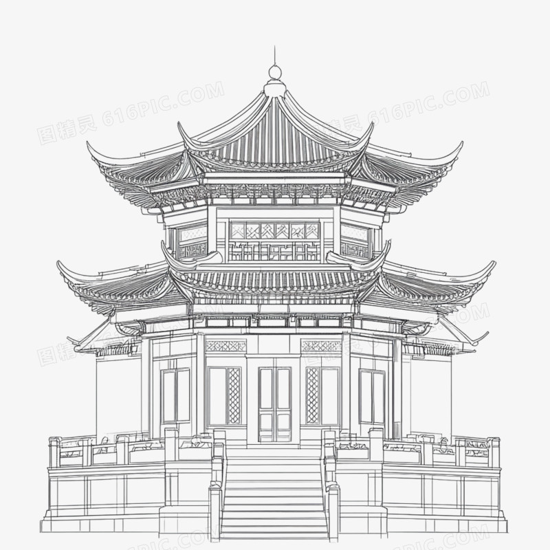 中国风建筑寺庙线稿免抠元素