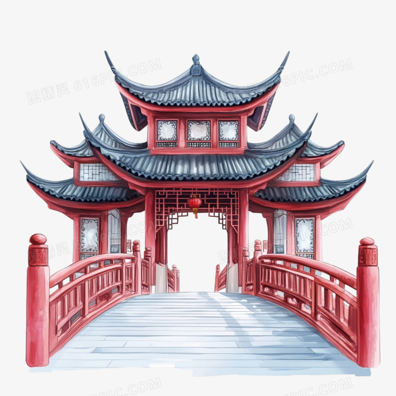 中国风建筑桥梁插画免抠元素