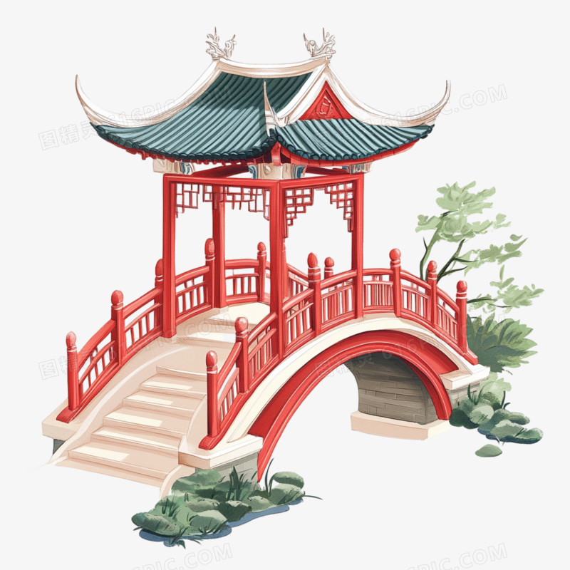 中国风建筑桥梁插画免抠元素