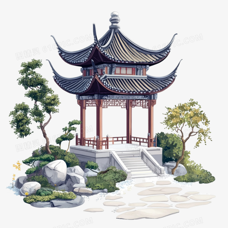 中国风建筑园林插画风免抠元素