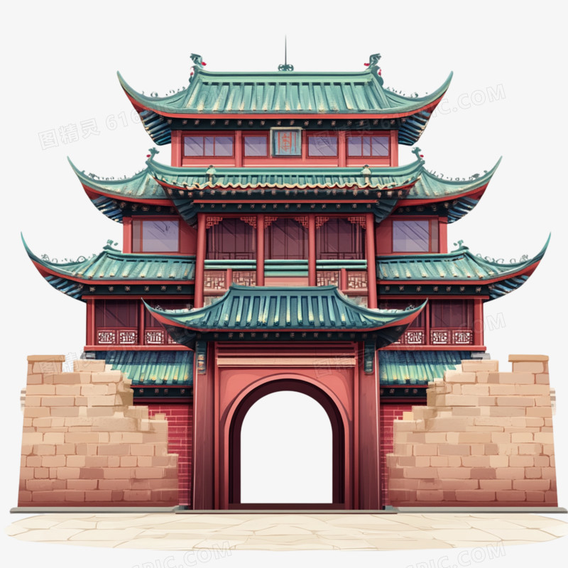 中国风建筑城墙插画风免抠元素