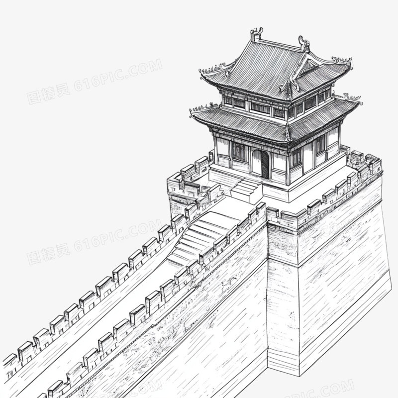 中国风建筑城墙线稿免抠元素