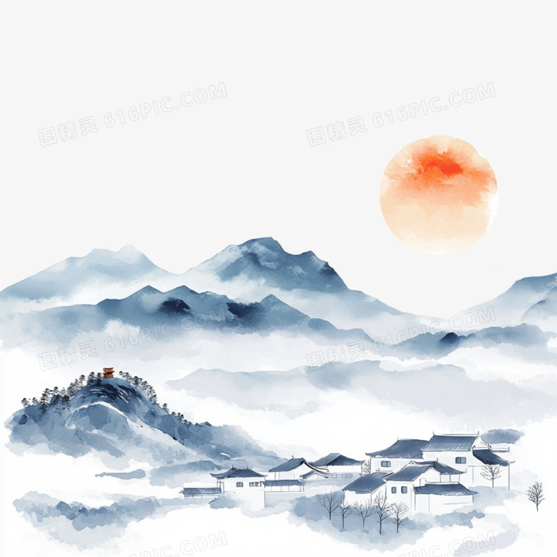 国潮插画山水画太阳从山顶升起免抠元素