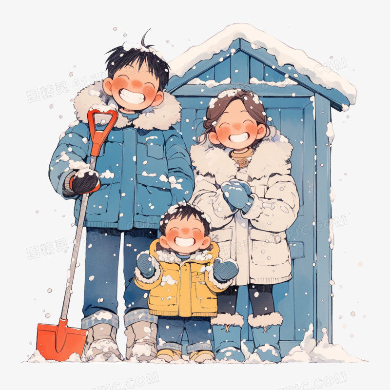 插画冬季一家人在铲雪免抠元素