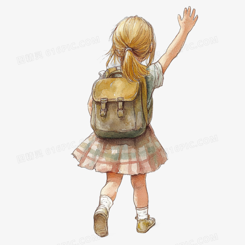 小女孩背书包挥手告别元素