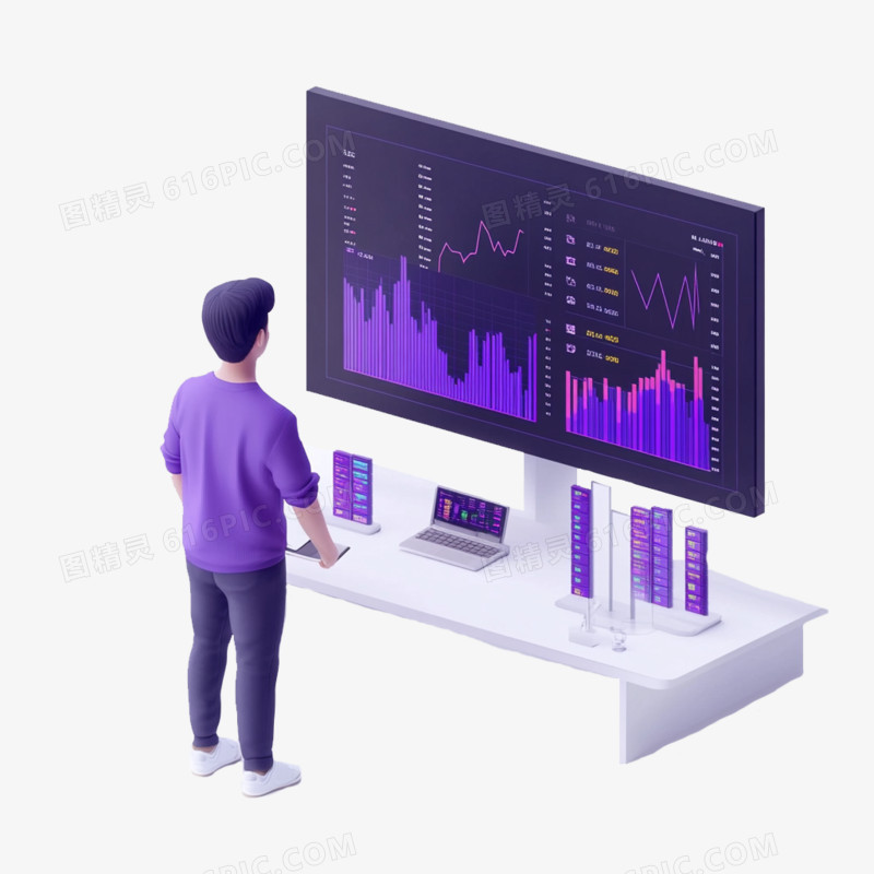 3D卡通男人站在有走势图的大屏幕前免抠元素