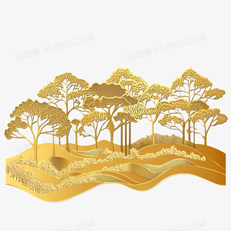 剪纸金色浮雕树林免抠元素