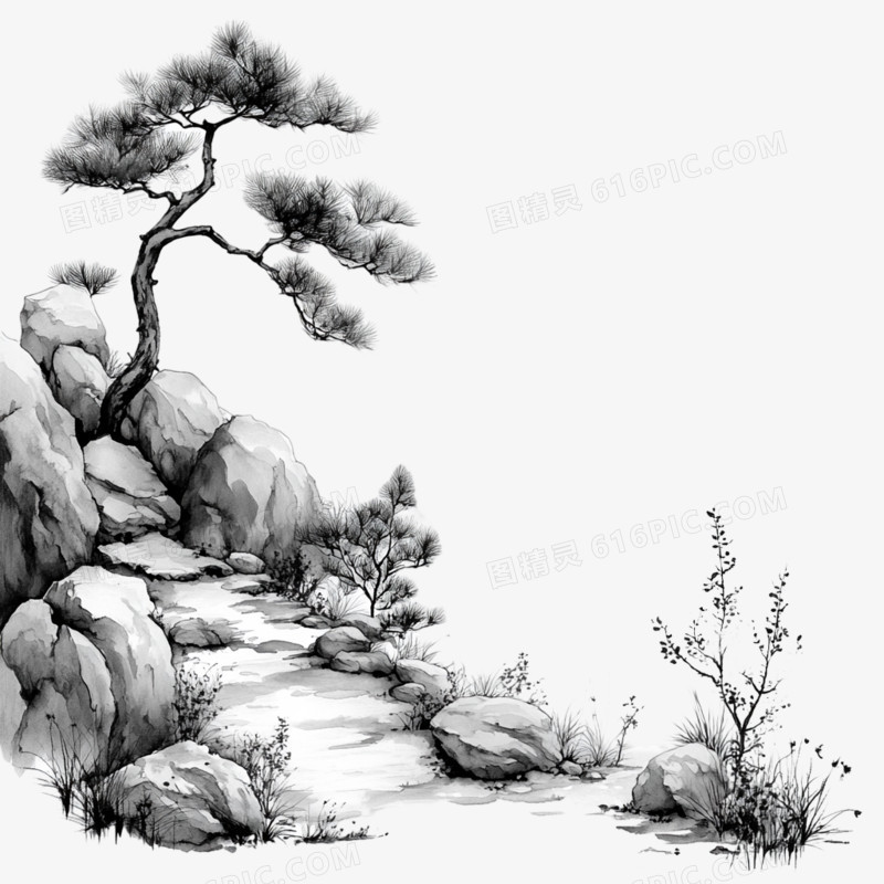 水墨风植物松柏免抠元素