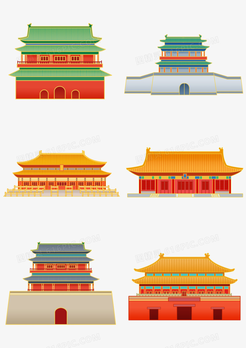 一组手绘国潮北京景点建筑插画套图合集元素