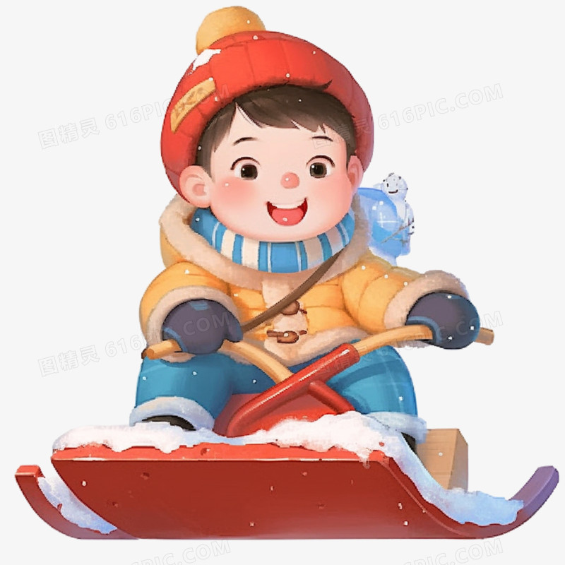 插画冬天小男孩出游滑雪